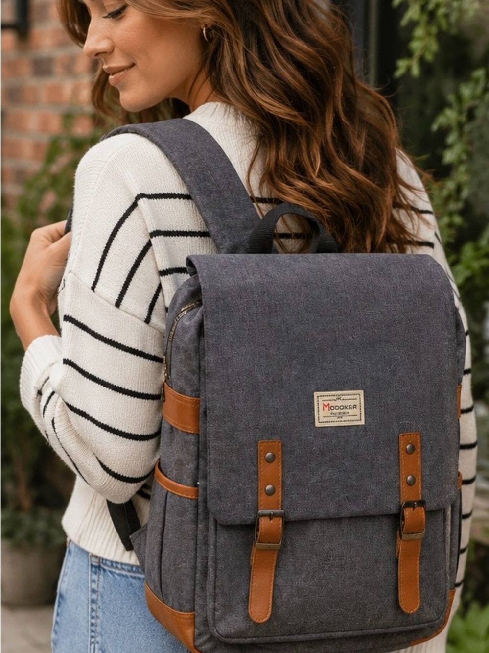 Gray Canvas Backpack with Brown Trim - Bags